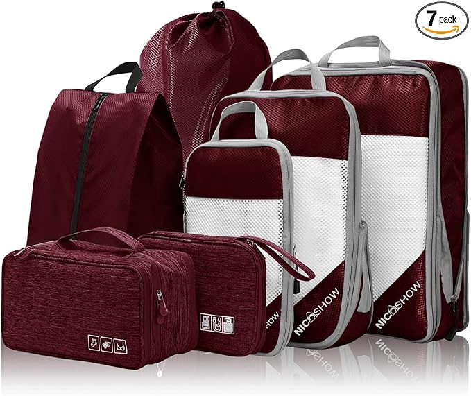 7 Set Compression Packing Cubes for Travel - Compressible, Lightweight, and Space-Saving Packing Cubes, Travel Essentials for Women, Wine