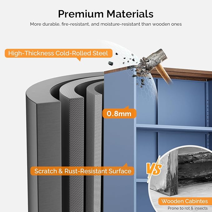 VINGLI Blue Bookcase with Doors and Adjustable Shelves, Steel 70" Tall Bookshelf Display Cabinet, 6-Tier Tall Farmhouse Metal Storage Cabinet for Study, Living Room, Home Office, Kitchen Pantry