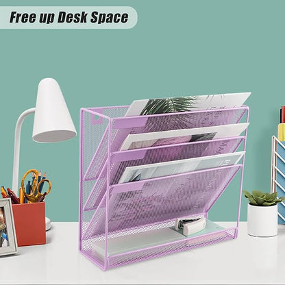 EASEPRES Desk File Organizer Mesh 4-Tier, Hanging Wall Mount Document Organization Stand, Desktop Vertical Mail Paper Folder Holder Rack with Bottom Tray for Office Home Cubicle, Light Purple