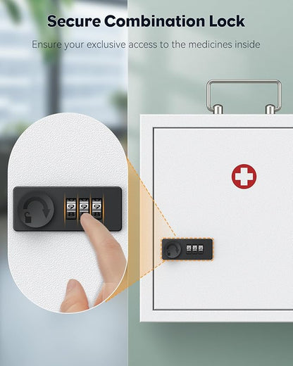 Uniclife Wall Mount Medicine Cabinet with Combination Lock & Handle Locking First Aid Cabinet Lockable Medical Cabinet Medium Medicine Organizer Secure Steel Wall Cabinet Metal Storage Box, White