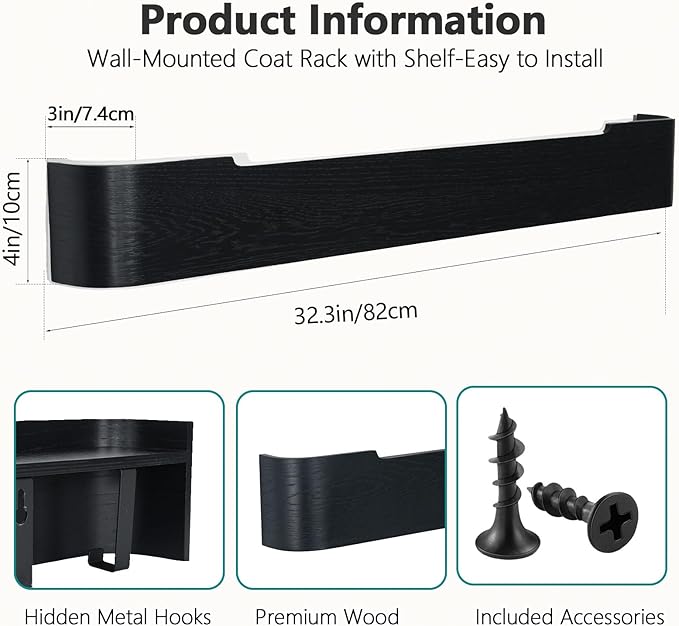 Coat Rack Wall Mount with Hidden Hooks Modern Key Holder Wood Entryway Hook with Shelf for Bedroom Kitchen Hallway Bathroom Designed for Hanging Coats Hats Bags Towels Dog Leashe(Black,8 Hooks)