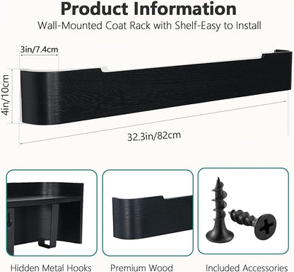Coat Rack Wall Mount with Hidden Hooks Modern Key Holder Wood Entryway Hook with Shelf for Bedroom Kitchen Hallway Bathroom Designed for Hanging Coats Hats Bags Towels Dog Leashe(Black,8 Hooks)
