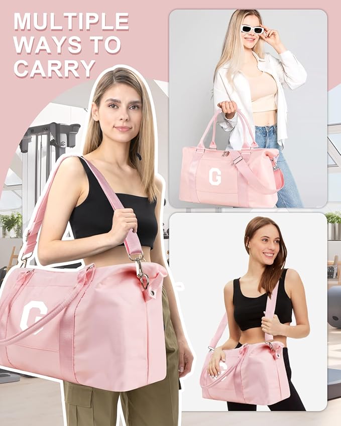 Initial Travel Duffel Bag Sports Gym Bag for Girls Teen Birthday Gifts,Pink Personalized Weekender Bag Carry On Tote Bags for Women Men,Waterproof Overnight Luggage Bag with Trolley Sleeve(Letter G)