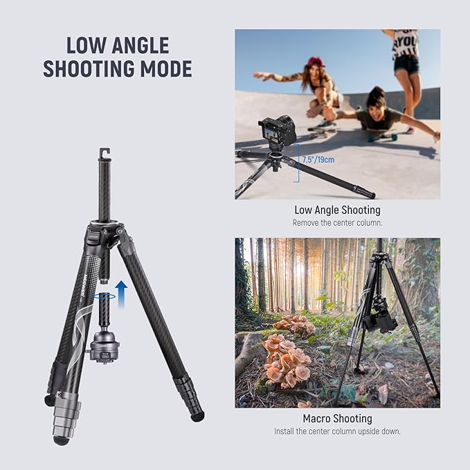 NEEWER LITETRIP LT32 62" Travel Tripod Carbon Fiber with ±15° Leveling 360° Panorama Head, Detachable Center Axis, Fast Flip Buckle, Arca QR Plate Compatible with Peak Design Capture V3, (Former TP62)