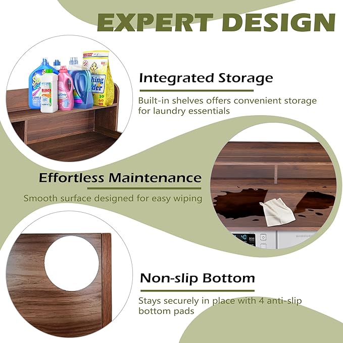 Royxen Laundry Countertop with Storage Universal Fit, Washer and Dryer Countertop with Shelf, Laundry Room Storage, 2-Tier Shelf (Walnut)