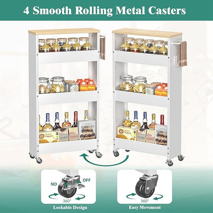 Slim Storage Cart, 4-Tier Kitchen Rolling Cart Narrow Storage Cabinet with Handle & Wheels, Metal Rolling Shelf Unit for Kitchen Bathroom Laundry Small Places (5.9IN White/Natural)