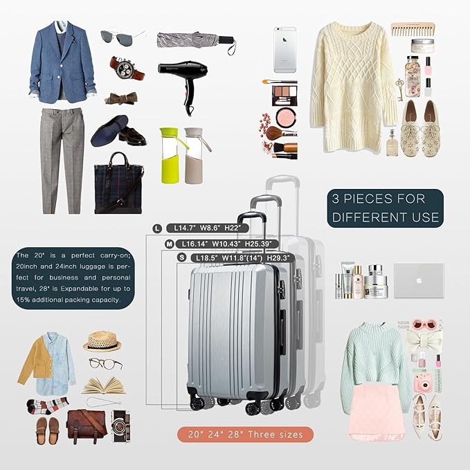 Coolife Luggage Suitcase PC+ABS with TSA Lock Spinner Carry on Hardshell Lightweight 20in 24in 28in(ice blue, M(24IN))