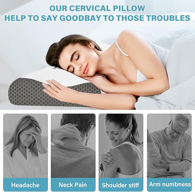 2 Pack Memory Foam Cooling Bed Pillows for Sleeping, Ergonomic Cervical Pillow for Neck and Shoulder Pain Relief, Adjustable Cold Pillow Set of 2,with Pillowcase（Grey）
