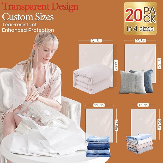 Vacuum Seal Bags for Clothing, 20 Pack Vacuum Storage Bags with Wireless Charging Air Pump(5J+5L+5M+5S), Space Saver Bags for Clothes Blanket Duvets Pillows Comforters Travel