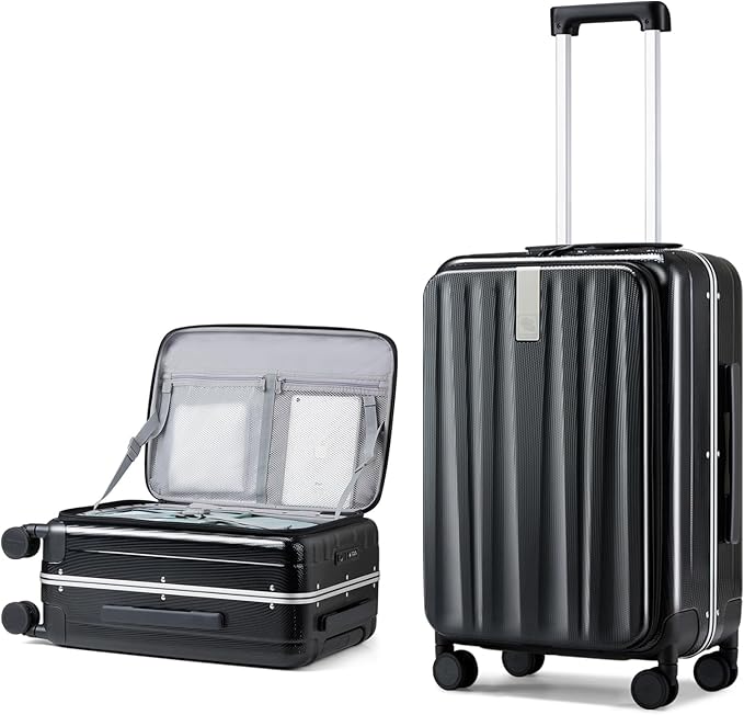 Hanke 24 Inch Checked Luggage PC Hard Shell Suitcases for Travel Front Opening Aluminum Frame Travel Luggage Rolling Suitcase with Wheels.(Jet Black)