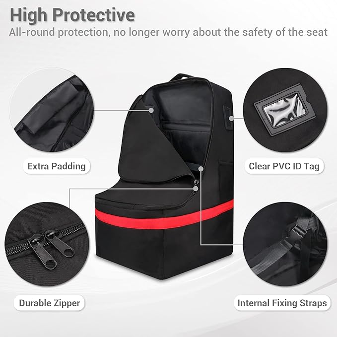 Car Seat Travel Bag - Padded, Comfortable, Durable, Roomy Gate Check Carseat Cover Backpack Fits 3-in-1，Convertible, Booster & Infant Car Seats for Airplane, Airport, Red