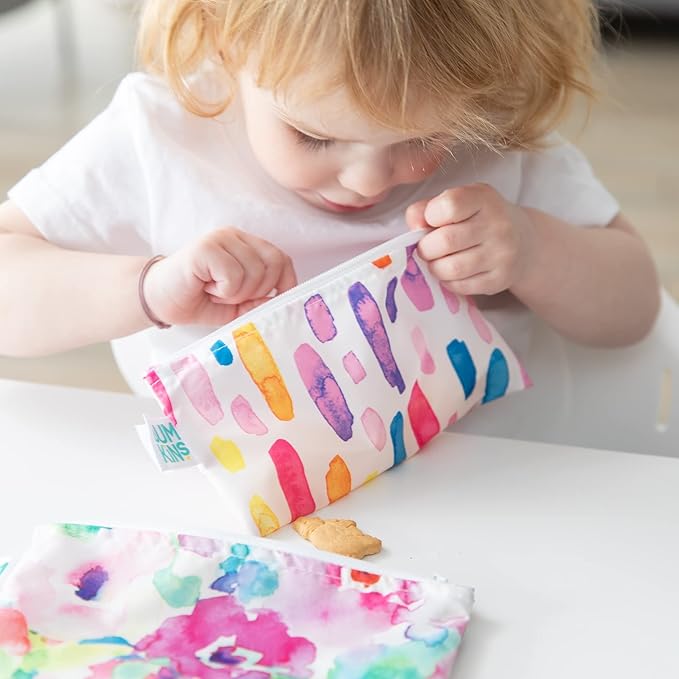 Bumkins Reusable Snack Bags, for Kids School Lunch and for Adults Portion, Washable Fabric, Waterproof Cloth Zip Bag, Supplies Travel Pouch, Food-Safe, 2-pk Watercolors and Brushstrokes