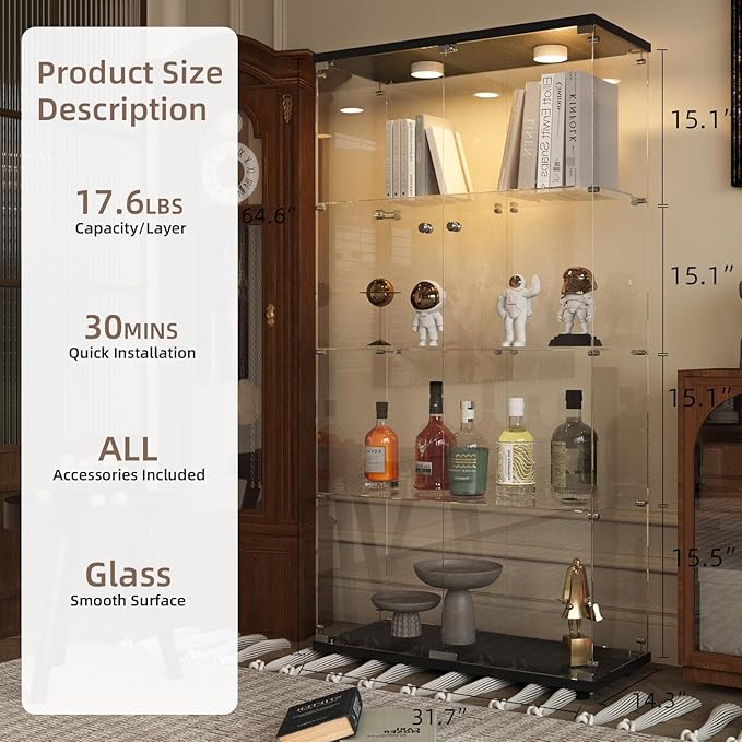 Beauty4U Glass Display Cabinet with Light, 4 Shelves with 2 Doors, Curio Cabinets for Living Room, Bedroom, Office, Black Floor Standing Glass Bookshelf, Quick Installation