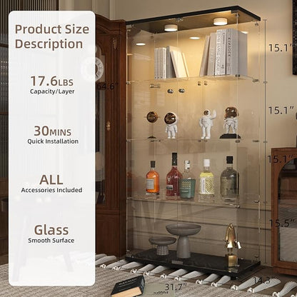 Beauty4U Glass Display Cabinet with Light, 4 Shelves with 2 Doors, Curio Cabinets for Living Room, Bedroom, Office, Black Floor Standing Glass Bookshelf, Quick Installation