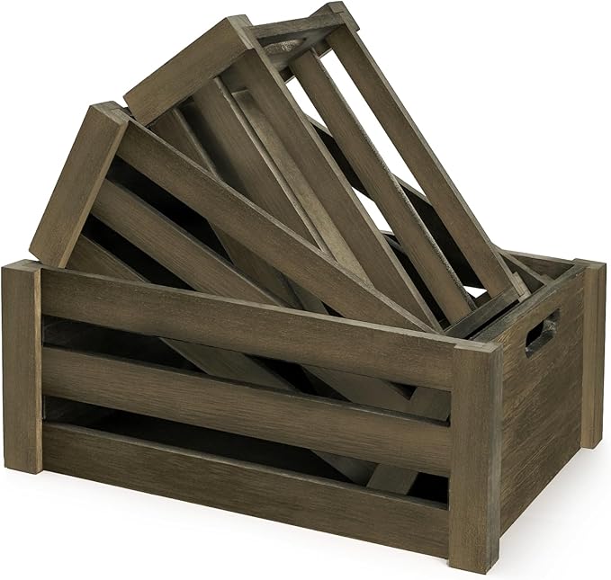 Lawei Set of 3 Wood Nesting Storage Crates with Handle, Rustic Farmhouse Decorative Wooden Crates Distressed Crates Storage Container for Display, Large Vintage Wood Decor Crates Wooden Baskets
