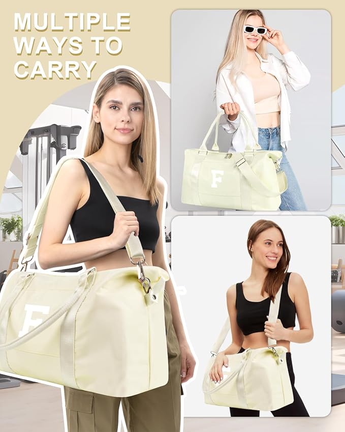 Initial Travel Duffel Bag Sports Gym Bag for Kids Teen Birthday Gifts,Beige Personalized Weekender Bag Carry On Dance Bags for Women Men,Waterproof Monogram Overnight Bag with Trolley Sleeve(Letter F)