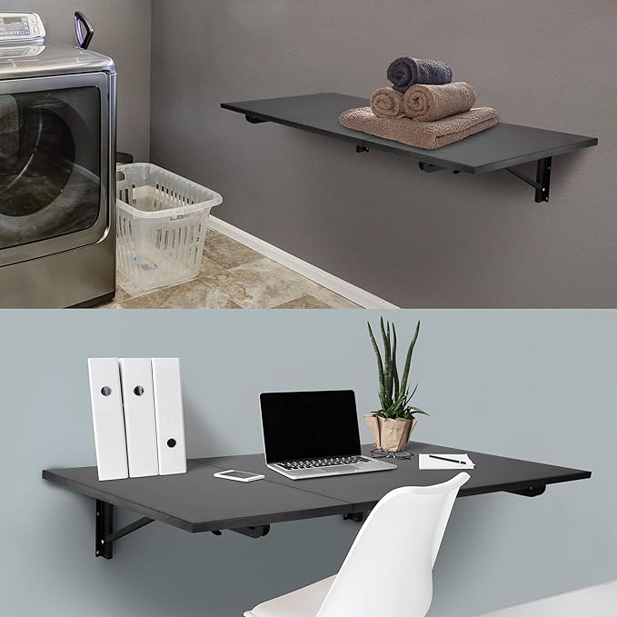 Mount-It! Heavy Duty Drop Down Table, Wall Mounted Drop Leaf Tables 45x15x7 Inches, Collapsible, Folding Workbench for Home Office, Laundry Room, Garage, Basement Bar, Study or Kitchen (Black)