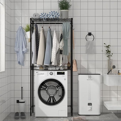 Xiofio Washer and Dryer Storage Shelf,Clothes Drying Rack,2 Tier Adjustable Height Storage Wire Basket with 2 Side Hook Laundry Shelves Used for Bathroom, Bedroom,Balcony,Black