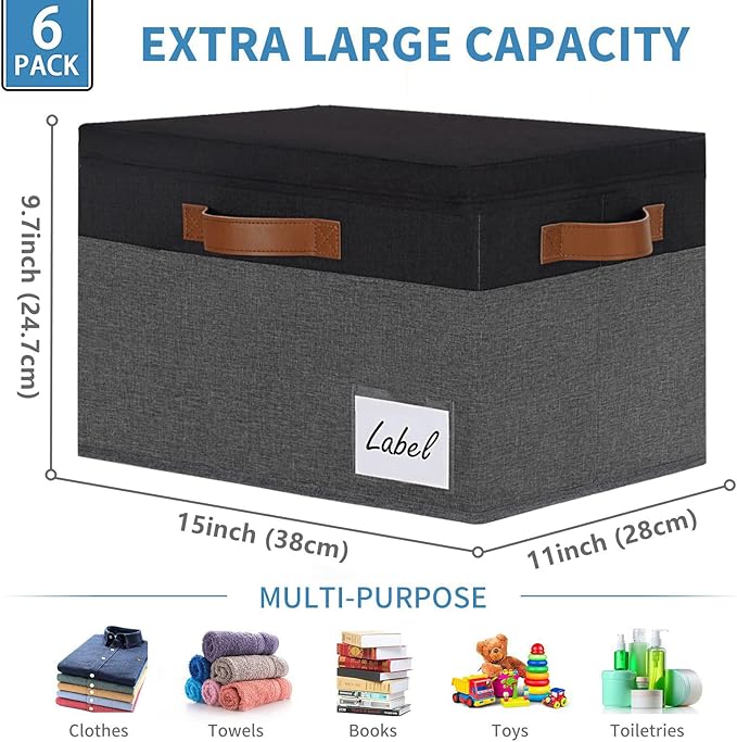 GhvyenntteS Storage Bins with Lids 6 Pack, Large Storage Baskets with Lid and 3 Handles, Foldable Fabric Storage Boxes with Lid and Label for Home Office (Grey&Black, 15" x 11" x 9.7")