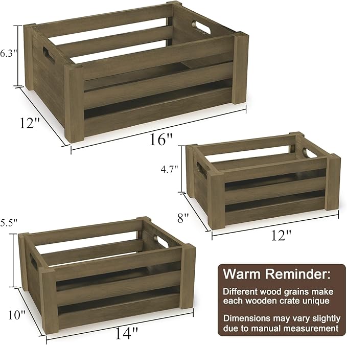 Lawei Set of 3 Wood Nesting Storage Crates with Handle, Rustic Farmhouse Decorative Wooden Crates Distressed Crates Storage Container for Display, Large Vintage Wood Decor Crates Wooden Baskets