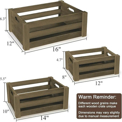 Lawei Set of 3 Wood Nesting Storage Crates with Handle, Rustic Farmhouse Decorative Wooden Crates Distressed Crates Storage Container for Display, Large Vintage Wood Decor Crates Wooden Baskets