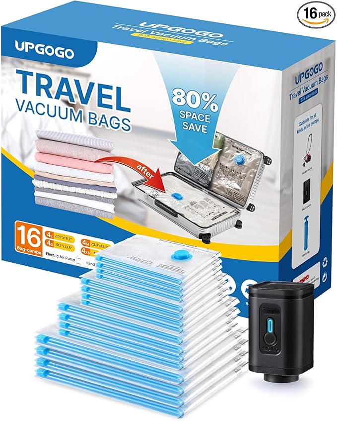 Combo 16 Pack Travel Vacuum Bags with Portable Electric Pump, Space Saver Vacuum Storage Bags for Clothing and Luggage, Travel Essentials