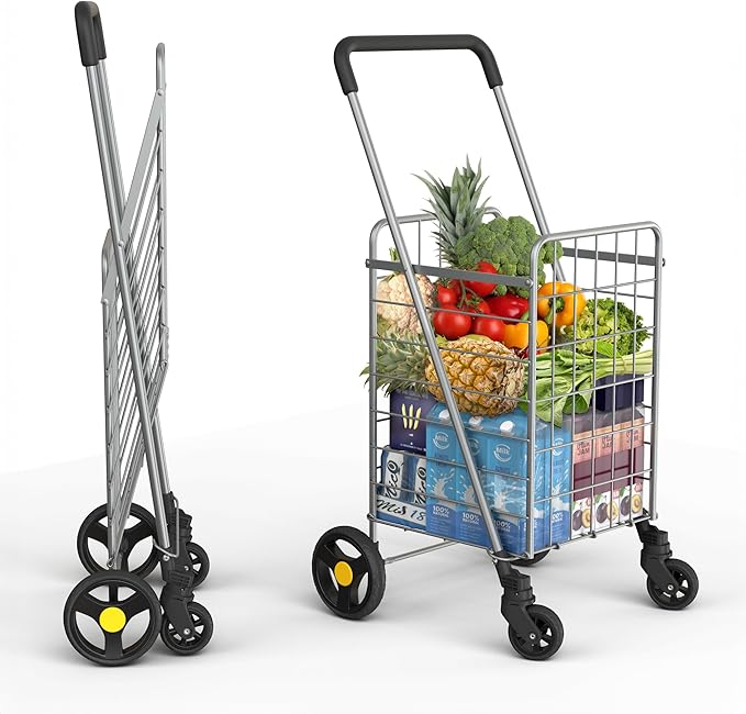 Shopping Cart w/Waterproof Basket Liner & 360° Swivel Wheels | Foldable Collapsible & Lightweight | Perfect for Groceries Laundry Utility Cart - Silver