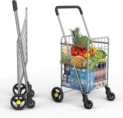 Shopping Cart w/Waterproof Basket Liner & 360° Swivel Wheels | Foldable Collapsible & Lightweight | Perfect for Groceries Laundry Utility Cart - Silver