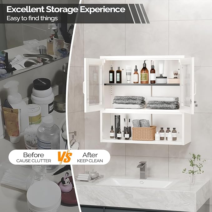 VINGLI Metal Wall Cabinet with Locking Glass Doors & Magnetic LED Sensor Light, Adjustable Shelf, Wall Mounted Storage Display Cabinets for Garage, Kitchen, Home Office, Warehouse, Living Room, White