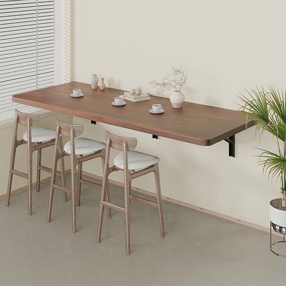 IAE Floating Wall Mounted Folding Table Desk with Pine Wood,55" x 22" Folding Workbench,Fold Down Wall Mounted Foldable Desk with Shelf Brackets,Laundry Table for Home,Dining,Office,Kitchen,Brown