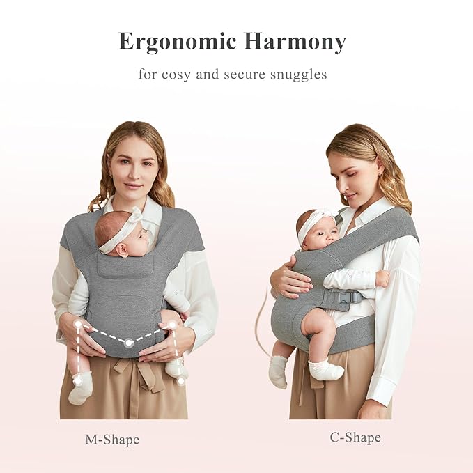 Newborn Carrier, Cozy Baby Carrier, Ergonomic Cross-Back Wrap, Hands-Free with Supportive Comfort, Light Grey