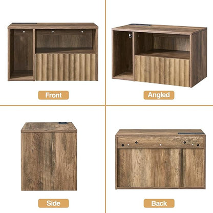 Modern Rustic Brown Fluted Floating Nightstand with Charging Station, NightStand with Drawers, Bedside with USB Ports and Outlets, Bedroom Furniture (Left)