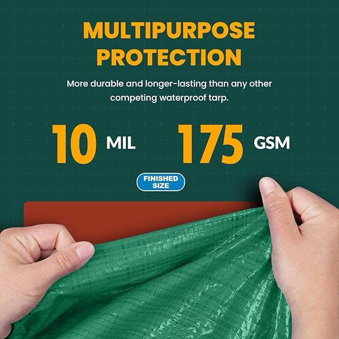 Large Waterproof Tarp - Heavy Duty 10 Mil Thick Poly Tarpaulin Ideal for Canopy Tents, Boats, RV or Pool Covers - Multipurpose Protective Tarps with Grommets for Indoor, Outdoor Use | 12' x 16' 2 Pack
