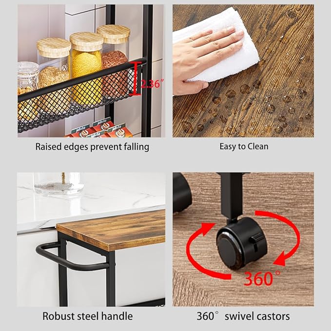 AZERPIAN Slim Rolling Cart 4 Tier Narrow Storage Cart on Wheels with MDF Board Top and Metal Handle for Small Space Kitchen Living Room Bathroom Laundry Room (16.38 x 9.06 x 30.31inch)