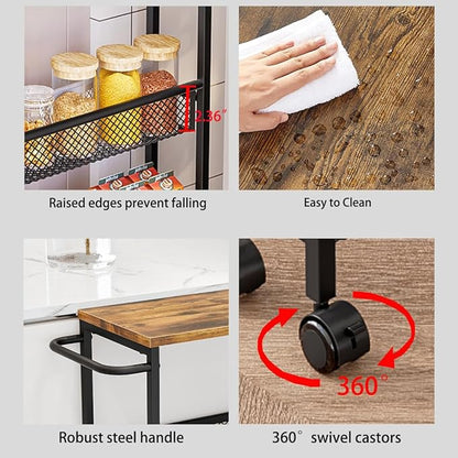 AZERPIAN Slim Rolling Cart 4 Tier Narrow Storage Cart on Wheels with MDF Board Top and Metal Handle for Small Space Kitchen Living Room Bathroom Laundry Room (16.38 x 9.06 x 30.31inch)