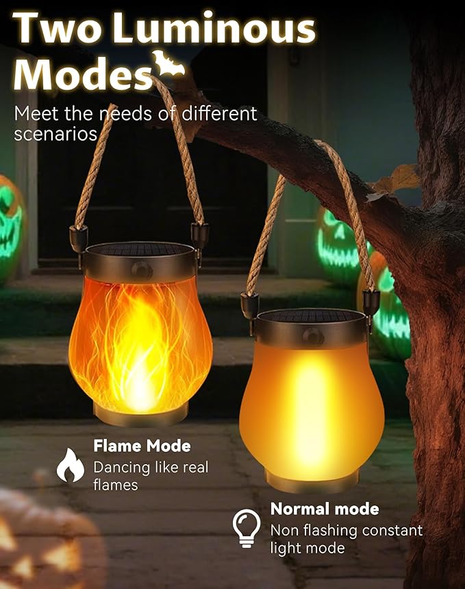 Kaliqo Solar Lantern Outdoor Lights - Official, Waterproof Kaliqo Solar Flame Lights Hangable with Dancing Flame, Hemp Rope Hanging Flame Lanterns,Dual Charging Modes, Smokeless (4pcs)