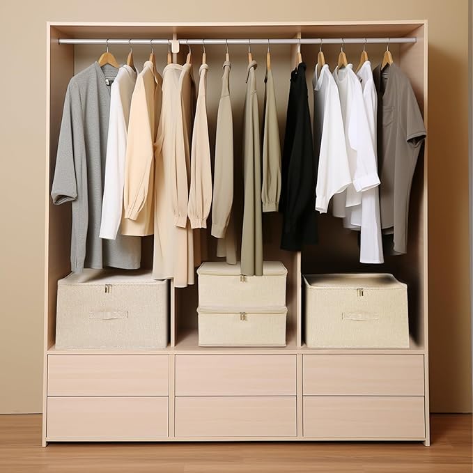 ANMINY Storage Bins with Zipper Lids 51.9 Qt Lidded Fabric Storage Boxes Baskets Cubes with Handles Collapsible Washable Cotton Linen Closet Shelf Clothes Organizer - Beige, Extra Large