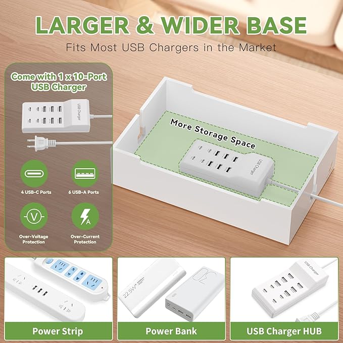 Pezin & Hulin Bamboo Charging Station for Multiple Devices, USB Charger Dock Organizer, with Power Supply (10 Ports HUB), 6 Cables, Cable Management Organizer for Cell Phones, Tablets -White