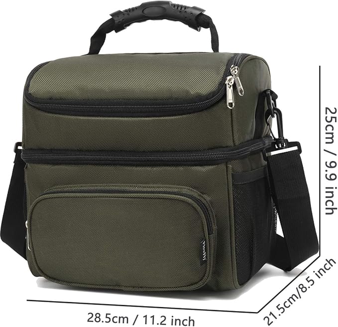 FlowFly Double Layer Cooler Insulated Lunch Bag Adult Lunch Box Large Tote Bag for Men, Women, With Adjustable Strap,Front Pocket and Dual Large Mesh Side Pockets