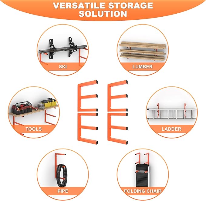 Ultrawall Lumber Storage Rack Wall Mount Wood Storage Racks, Metal Wood Organizer Racks for Shed, Workshop, Garage, Holds Up 220 LBS Per Level (Pack of 4, Orange)
