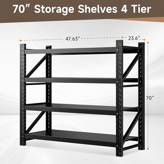 3000LBS Storage Shelves,48" W Garage Shelving Heavy Duty 4 Tier Metal Storage Rack Shelf，Industrial Shelving Adjustable Shelf for Basement Warehouse 48" W x 24" D x 70" H，Black