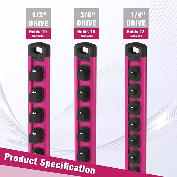 WORKPRO Magnetic Socket Organizer, 1/4-Inch Drive Aluminum Alloy Socket Rail, Heavy Duty Socket Holder, Socket Rack Kit 1/4-Inch x 12 Clips Rose Red (Socket not Included)