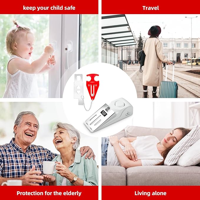 Portable Door Stop Alarm and Traveling Hotel Door Lock, No Installation Required, Provides Double Security for Home, Hotel and Traveling (1 Door Lock + 2 Door Stop)