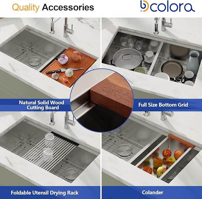 Dcolora 36 Inch Large Double Bowl Low-Divide Kitchen Sink Undermount 16 Gauge Stainless Steel 50/50 Split with Workstation, 36"x19"x10" Double Basin, DC-U7738