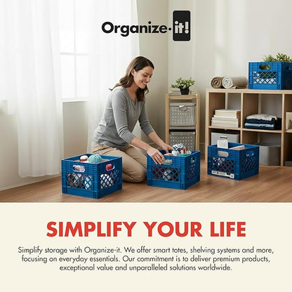 ORGANIZE-IT! 4 Pack Storage Milk Crate, Heavy Duty Versatile Box Organizers with Easy-Grip Handles, Interior 12.25"L x 12.25"W x 10.5"H, Blue