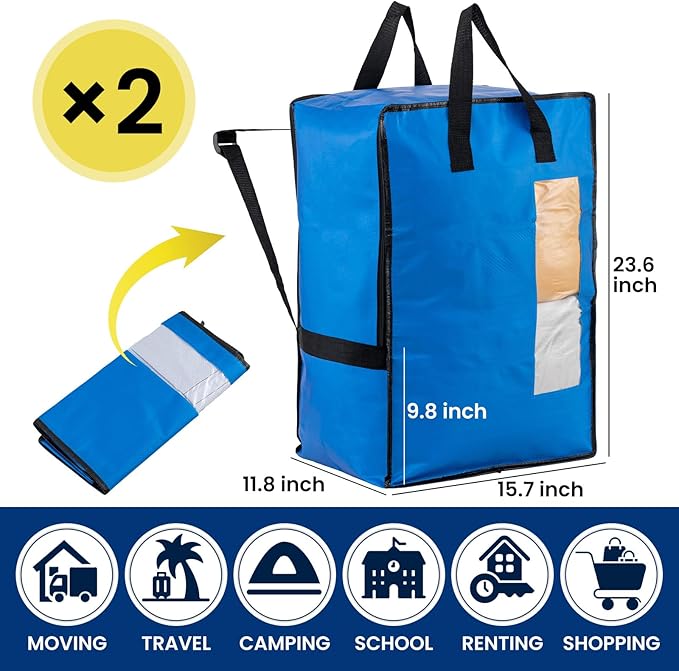 TAILI 2 Pack Blus Moving Bags w/Adjustable Backpack Straps, Moving Supplies, Moving Boxes Alternative, Heavy Duty Storage Totes for College Packing, Camping Backpack for Travel, Dorm, Laundry