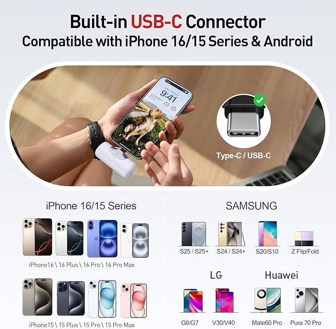 iWALK Portable Charger 5500mAh Next-Gen Small Power Bank 22.5W Fast Charging Battery USB-C Portable Phone Charger for iPhone 16/15 16 Plus 16 Pro Max iPad, Samsung Galaxy S25 S24 S23 Android, White