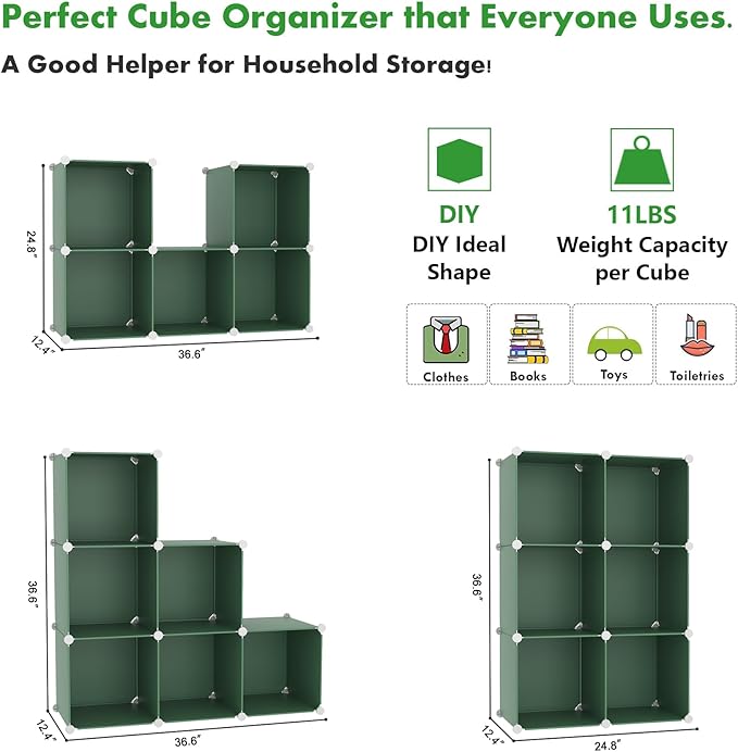 C&AHOME 6-Cube Storage Organizer, Stackable Storage Cubes Shelves, Portable Bookshelf, Plastic Clothing Storage Closet Organizer, DIY Modular Shelving Units for Wardrobe, Home, Green