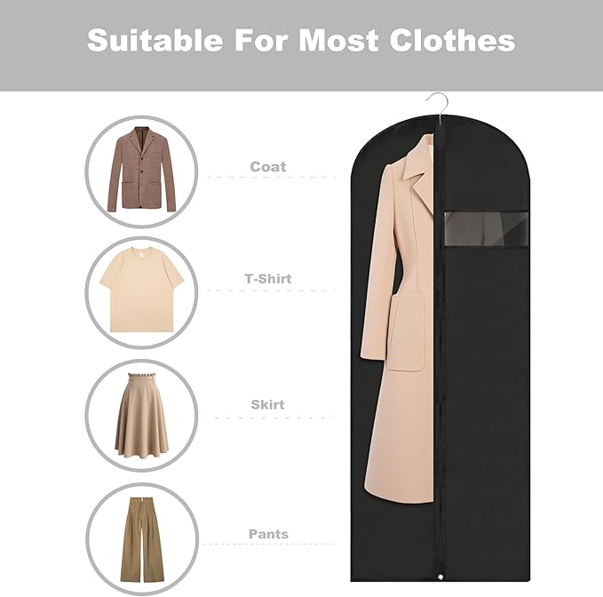 Dress Bags for Gowns Long, 60'' Garment Bags for Hanging Clothes, Suit Bag Cover for Storage and Travel (Black)