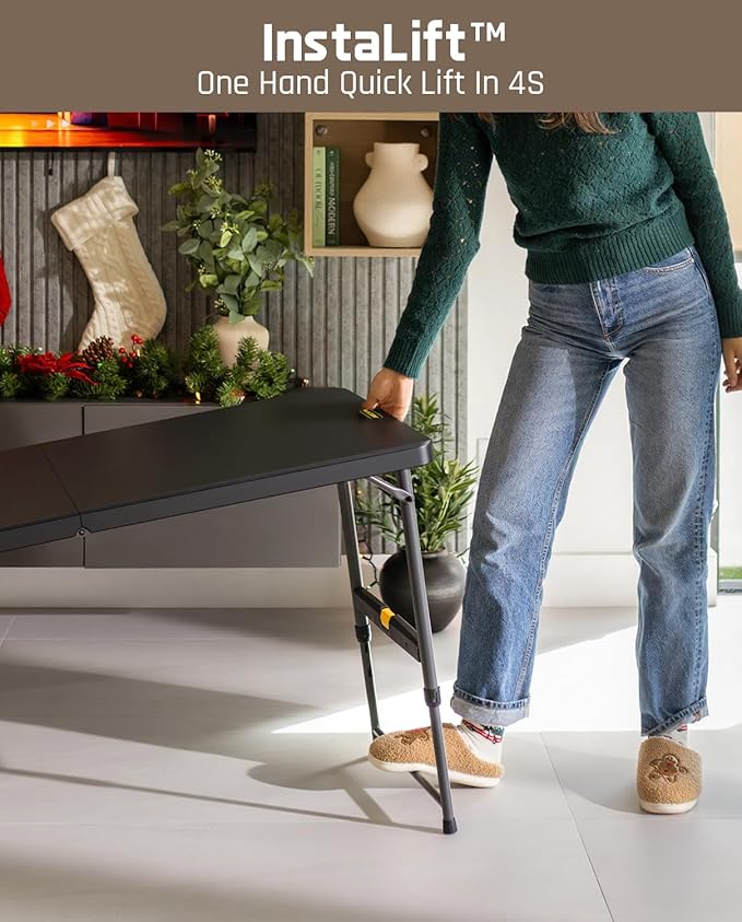 FanttikOutdoor 4ft Portable Folding Table, One-Handed Height Adjustment, 4 Heights, Gravity Lock, Carry Handle, Indoor Outdoor Heavy Duty Fold-in-Half Utility Table, Party, 1 Pack, Black Zeta X4 Pro